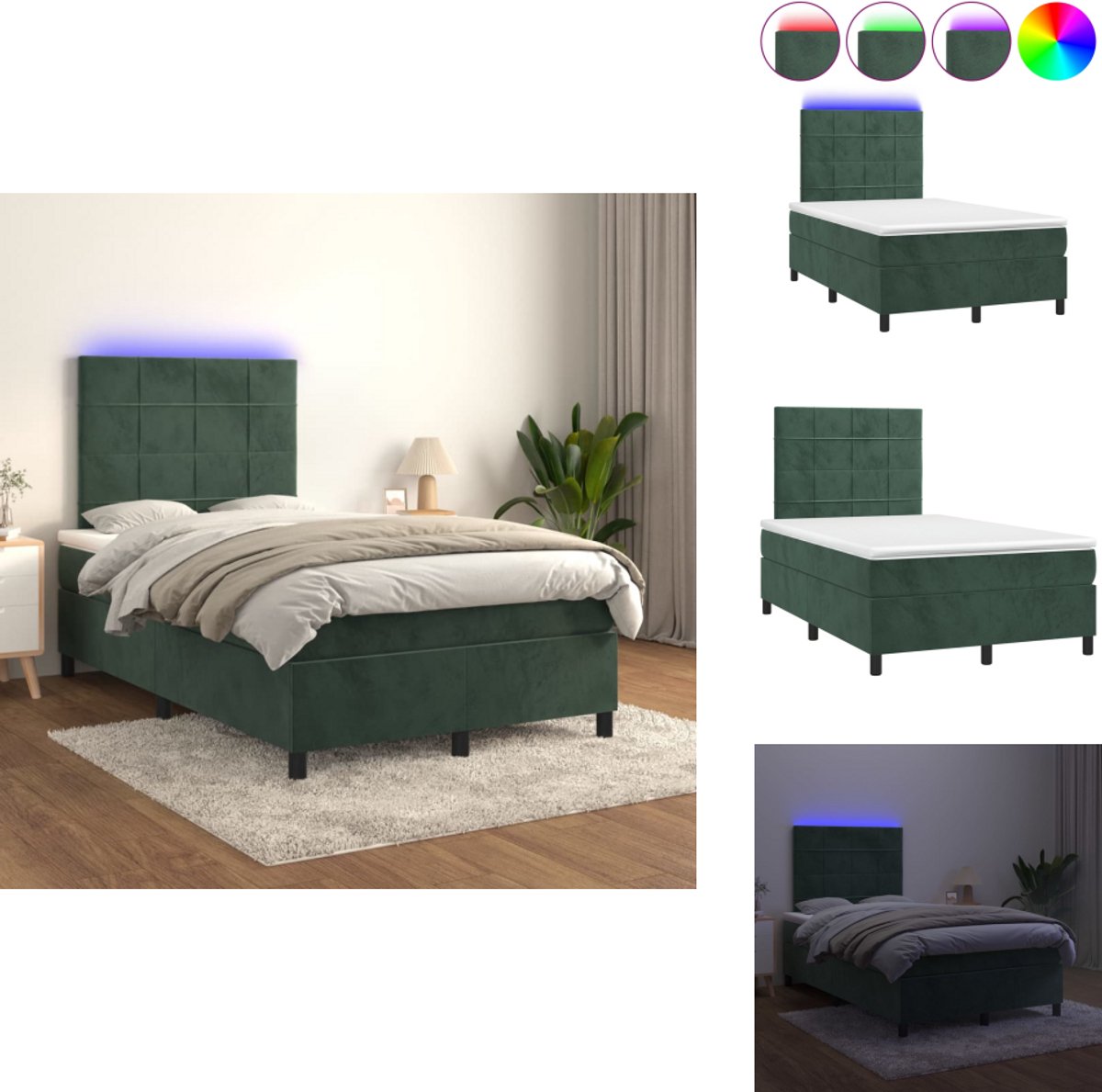 vidaXL Boxspring - Boxsprings - Bed - Slaapmeubel - Boxspring met matras en LED fluweel donkergroen 120x200 cm