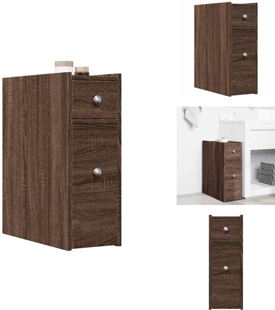Badkamerkast smal met wielen bewerkt hout artisanaal eikenkleur