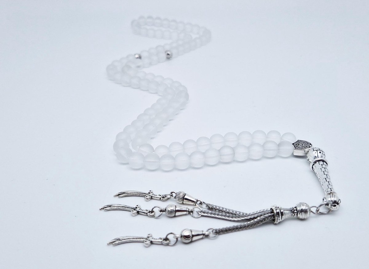 Handgemaakte tesbih "Tasbih" natuursteen "Selenite" - Aantal kralen 99 - Diameter kralen 8MM - met metaal tassel "Zwaarden" - Een mooi cadeau-idee