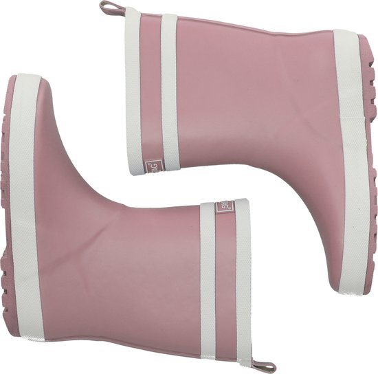 Roze regenlaarzen met witte strepen en witte zolen.