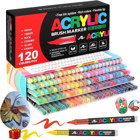 Acrylstiften 120 Stuks - Volwassenen & Kinderen - Acrylverf Stiften - Acrylstiften voor Stenen Schilderen, Hout en Glass - 0.5 mm Tip - Waterbestendig