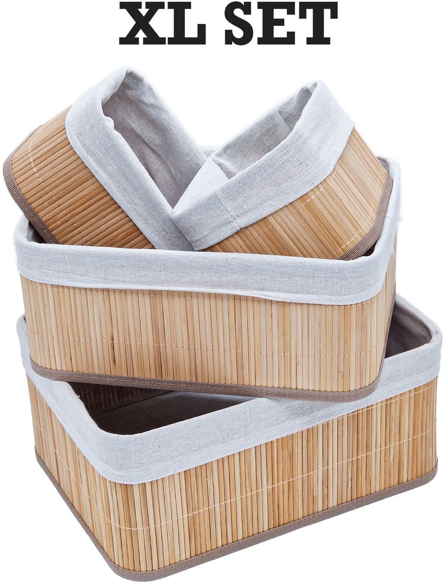 YellowPack Opbergmanden Set Bamboe 4 Stuks - 32,5 l - kast mand - badkamermandje - stapelbaar - naturel - Multifunctionele mand - Opberg Box/Doos/Mand/Vakken - Opbergsysteem