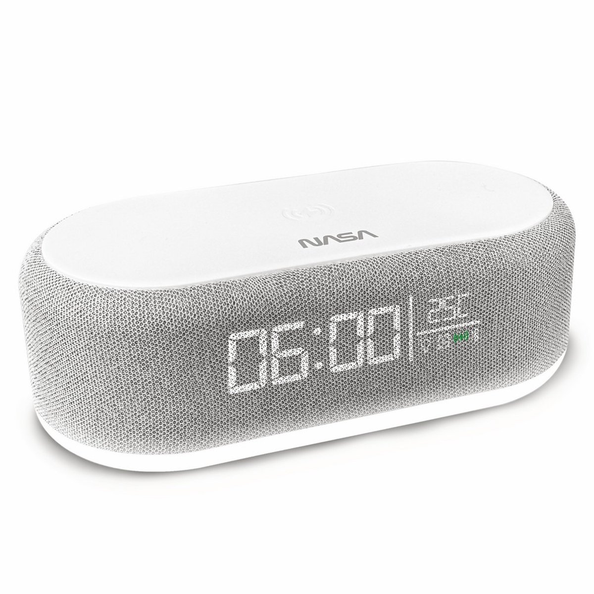 NASA Réveil SPC400 - Radio Réveil, Enceinte Bluetooth, Haut-Parleur 5W x2, Charge Sans Fil 15W, Lumière Nocturne, Batterie Lithium, Câble USB-C Inclus - Gris