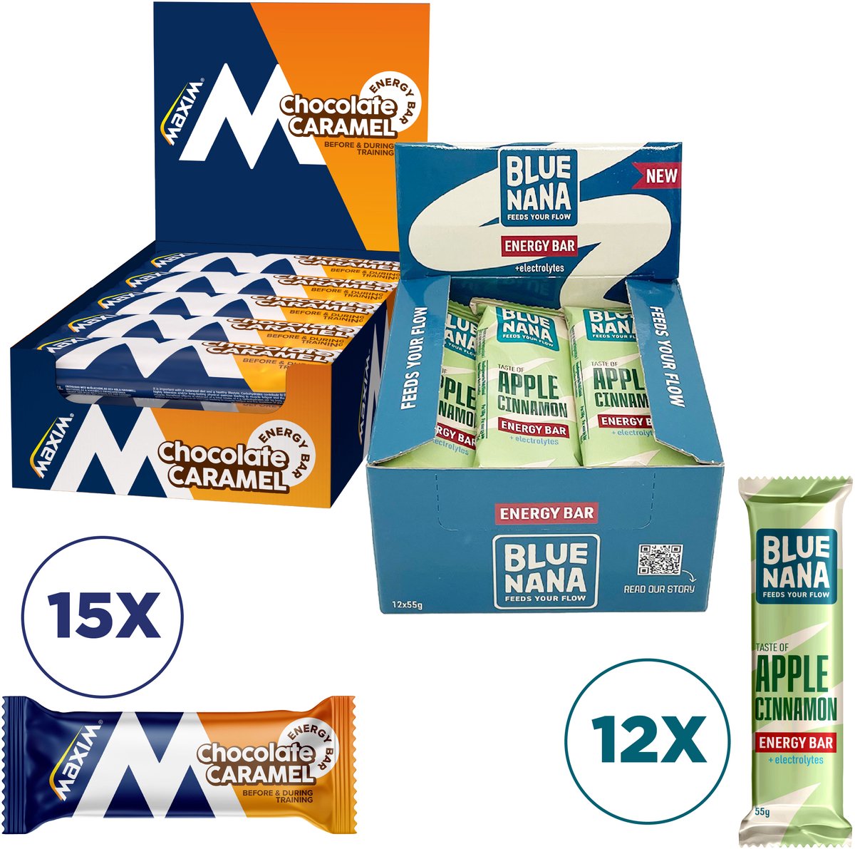 Combipack Maxim Pro Energy Bar - Chocolate Caramel - 15 x 56g + Blue Nana Energy Bar - Apple Cinnamon - 12 x 55g - Energierepen - Sportvoeding