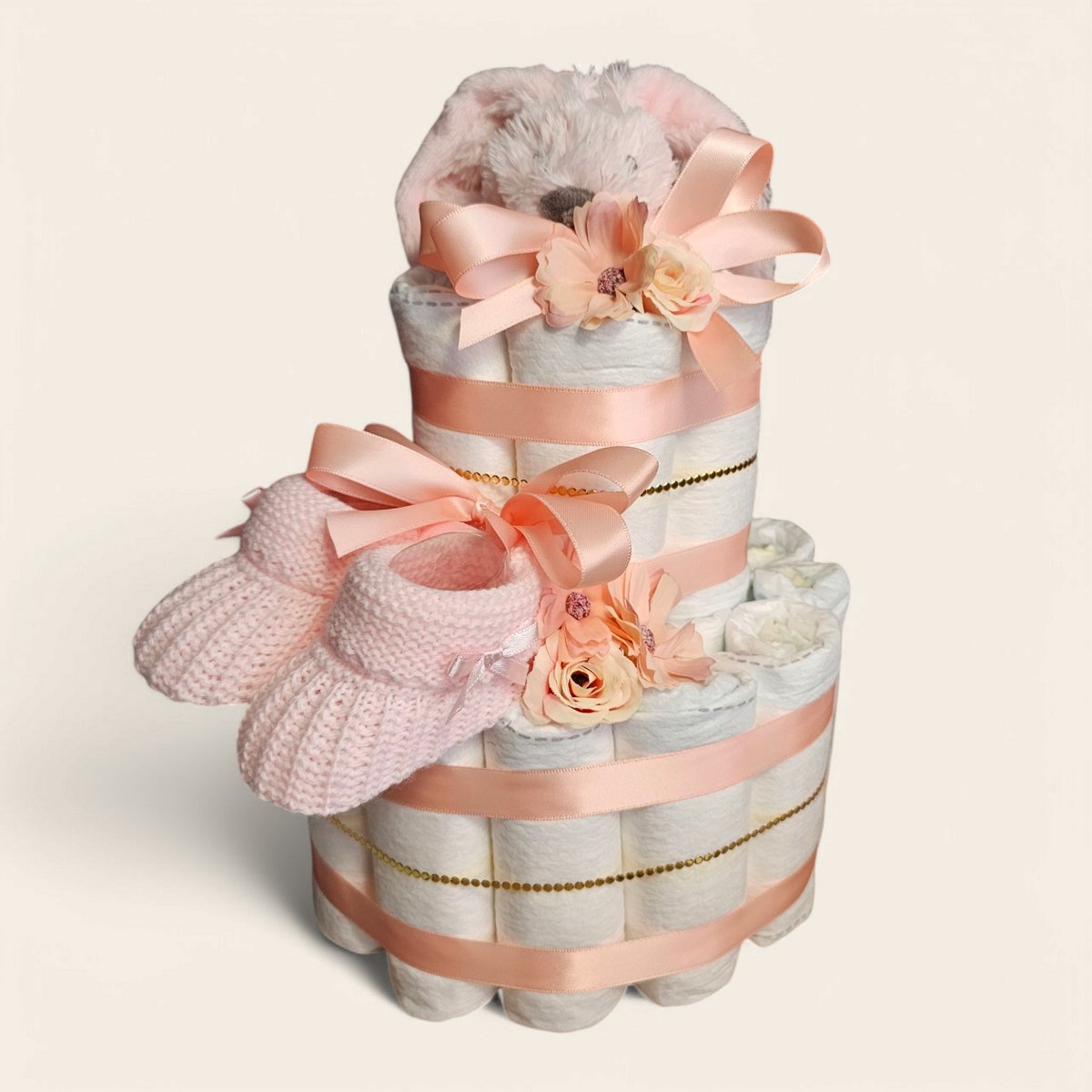 Luiertaart 2-Laags roze met Happy Horse Richie Knuffeldoekje roze – Perfect als Kraamcadeau!