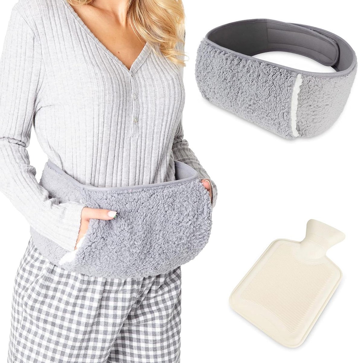 Draagbare warmwaterkruik menstruatiepijn riem pluche warmwaterzak - endometriose maagkrampen - grijs