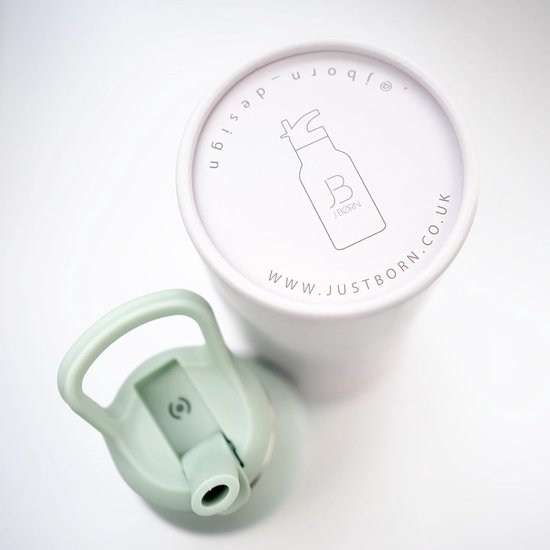 Binnenzijde dop en verpakking van J.Born drinkfles met logo en website.