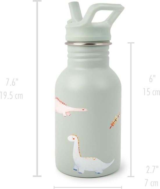 Lichtgroene drinkfles met rietje, handvat en dinosaurusprint. Afmetingen: 19.5cm hoog, 7cm breed.