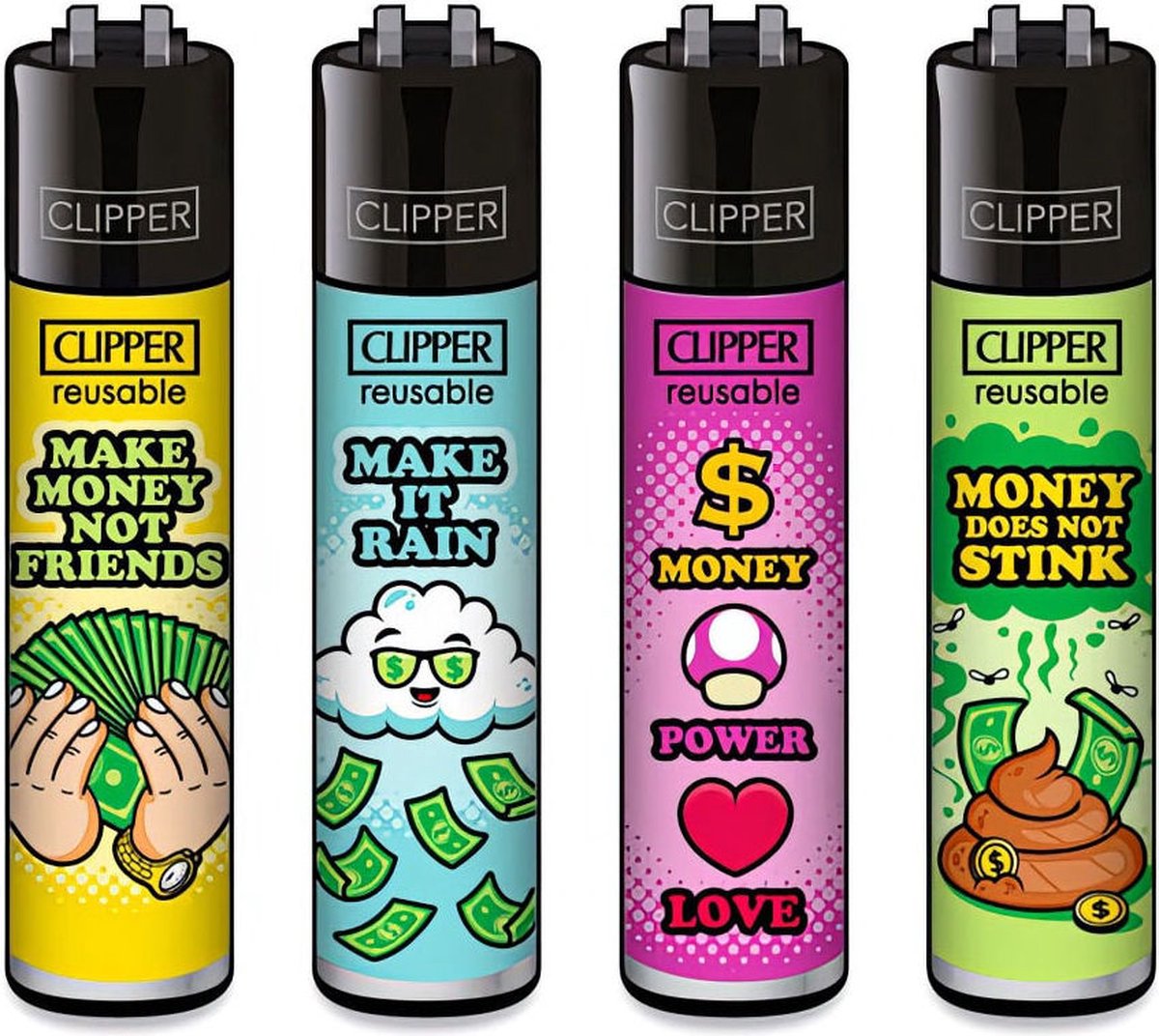 Clipper Classic Large Aanstekers "Money Slogan" (4 Stuks)