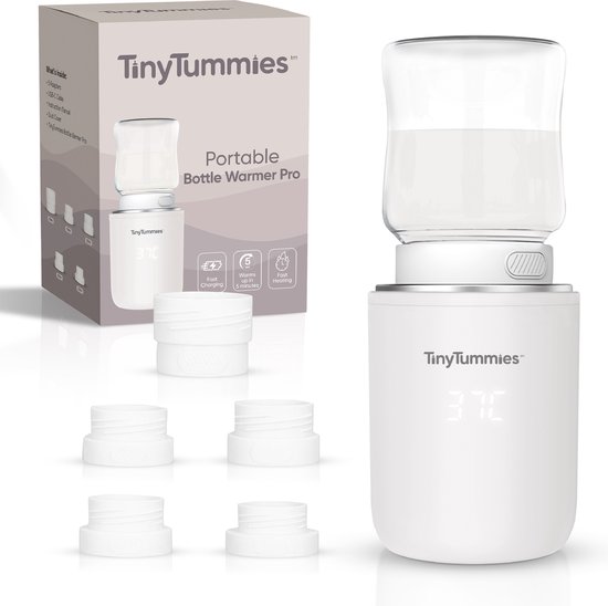 TinyTummies® Flessenwarmer Pro 2025 – Flessenwarmer Onderweg - Draagbare Flessenwarmer - Flesverwarmer - Snel en Veilig Opwarmen – Flessenwarmers – 4 Temperatuurniveaus - Flessenwarmer Draadloos – USB Oplaadbaar – Incl. 5 Adapters - 13.200 mAh - Wit