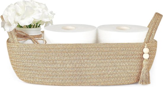 Mkono Kleine opbergmand voor bovenop de toilettank Boho badkamerdecoratie geweven touw toiletpapier lade organizer voor plank slaapkamer woonkamer, jute, 1 verpakking, 39,9 cm L x 15,2 cm B