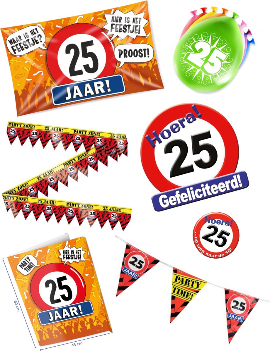 25 jaar verjaardag versiering pakket – vlag - gevelvlag – ballon – paperdreams