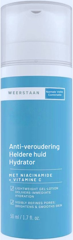 Blauw flesje met pompdispenser, met "WEERSTAAN Anti-veroudering Heldere huid Hydrator Met niacinamide + vitamine C".