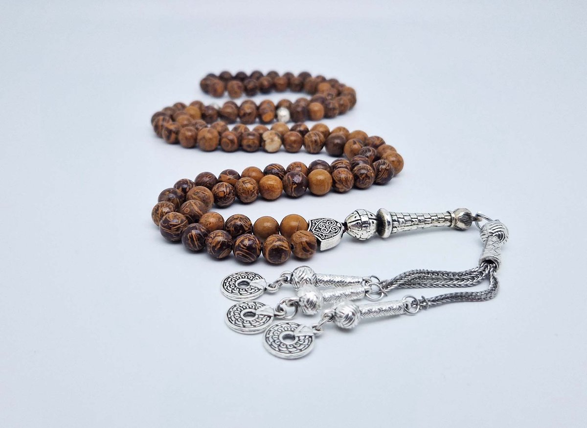 Handgemaakte tesbih "Tasbih" natuursteen "Jaspis van olifantenhuid" - Aantal kralen 99 - Diameter kralen 8MM - met metaal tassel "Cirkels" - Een mooi cadeau-idee