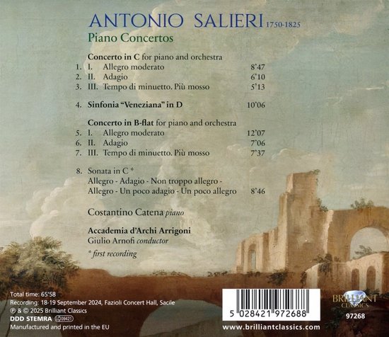 Achterkant hoes Antonio Salieri Piano Concertos met tracklist en Romeinse ruïnes.