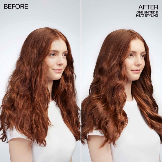 Photo avant-après d'une femme aux cheveux roux, d'abord indisciplinés, puis lisses et brillants après utilisation de One United.