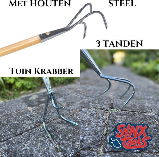 Synx Tools Tuinkrabber 3 Tanden Met Steel 150cm & Synx Tools Klauwbezem 28cm - bezem buiten - straatbezem - krallenbezem - Telescopische steel 70 - 140cm - 28cm -Cultivator - Verzinkt - Hark - Harken van Synx Tools — afbeelding 2