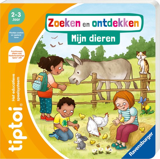 Een boekcover met de titel 'Zoeken en Ontdekken: Mijn Dieren' en spelende kinderen met boerderijdieren.