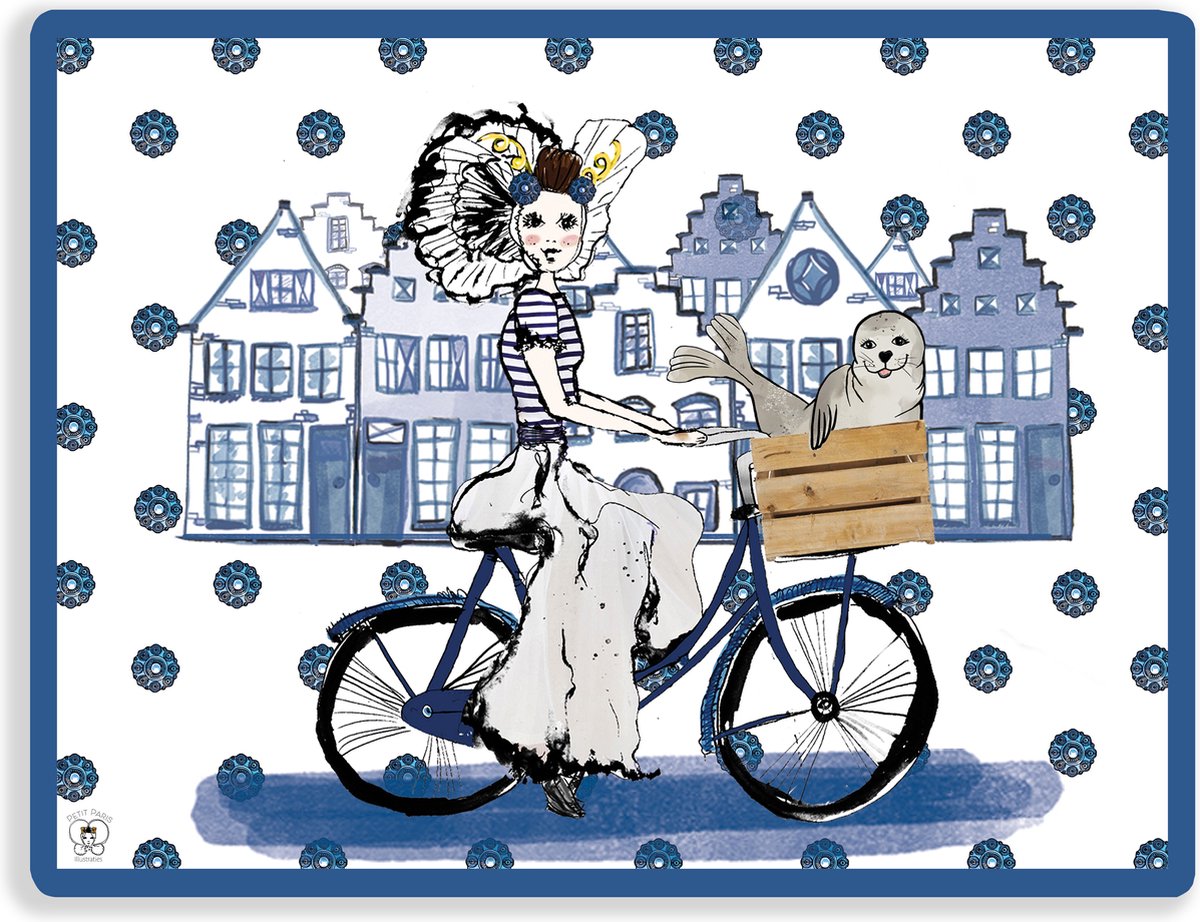 Set van 2 placemats – Delftsblauw – Zeeland souvenir – Zeeuws meisje op fiets – 32 x 42 cm