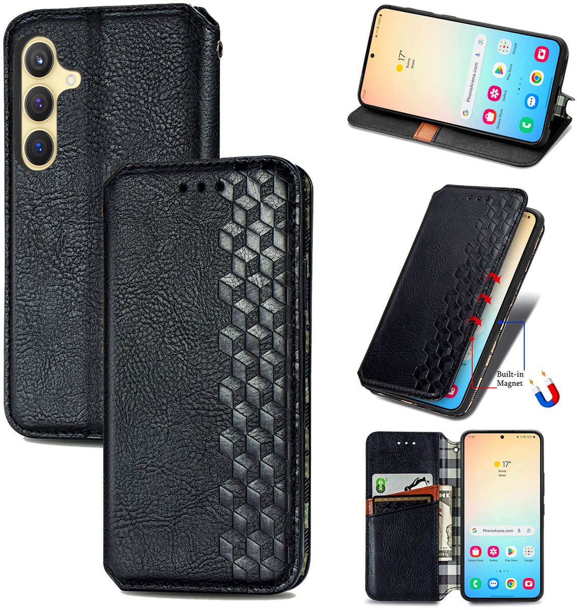 Luxe PU Lederen Ruitpatroon Wallet Case + Screenprotector voor Galaxy S25 _ Zwart