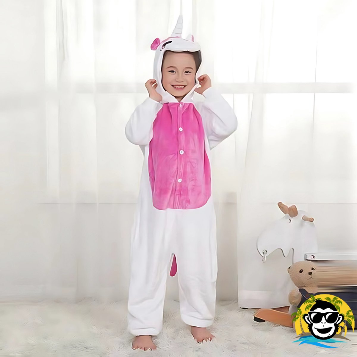 BoefieBoef Kinder Onesie Unicorn – Peuter & Kleuter Pyjama 2-5 Jaar – Dieren Verkleedpak – Flanel Jumpsuit met Capuchon – Knuffelpak & Huispak – Zwemles – Carnaval, Halloween & Sinterklaas Cadeau – Jongens & Meisjes 95-110 cm - Eenhoorn Roze Wit — afbeelding 9