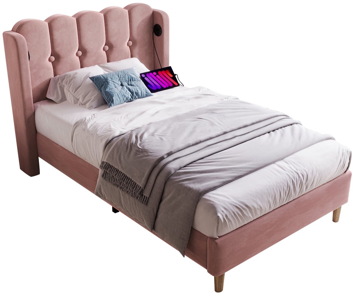 Merax Gestoffeerd Bed 90x200 cm met Matras – USB Type-C Laadfunctie – Fluwelen Bekleding in Roze – Eenpersoonsbed met Houten Lattenbodem – Geschikt voor Slaapkamer en Logeerkamer