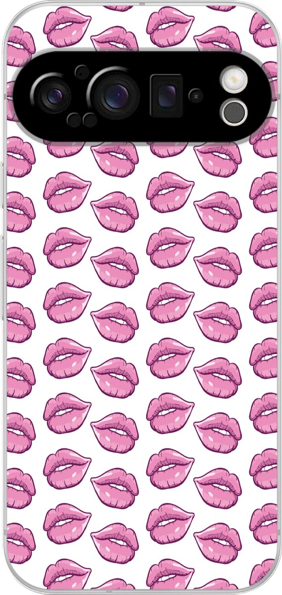 Telefoonhoesje Geschikt voor Google Pixel 9 Pro hoesje - Lippen - Patroon - Roze - Wit - Siliconen Telefoonhoesje Telefoonhoesje