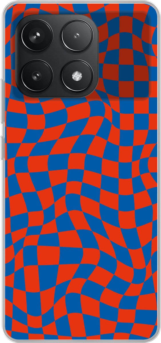 Telefoonhoesje Geschikt voor Poco F6 Pro hoesje - Golvende vakjes - Blauw - Rood - Abstract - Siliconen Telefoonhoesje Telefoonhoesje
