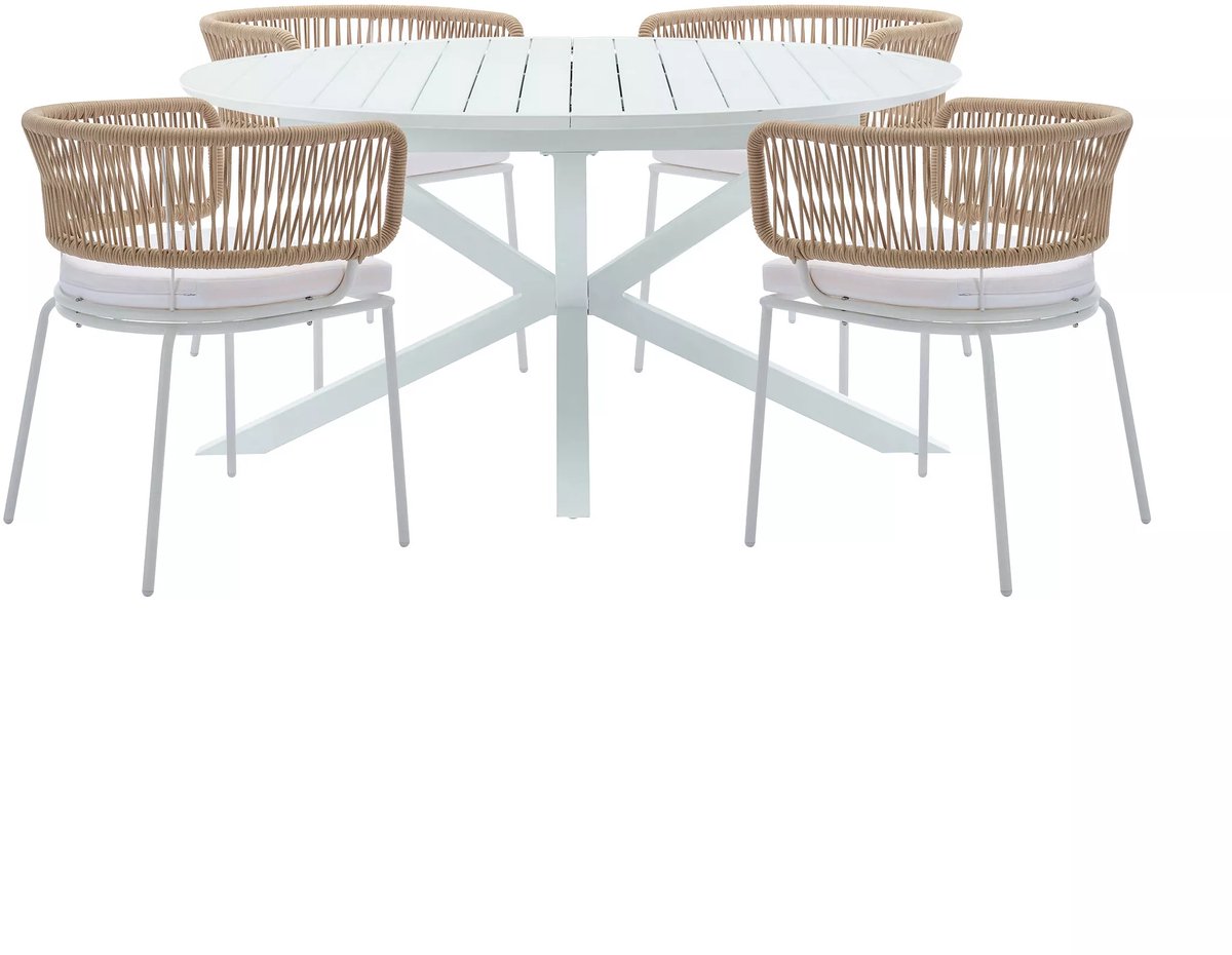 Vente-unique Tuineetset van aluminium: een verlengbare tafel L150/200 cm en 4 fauteuils van metaal en touw - Beige en wit - PISTO van MYLIA L 204 cm x H 75 cm x D 150 cm