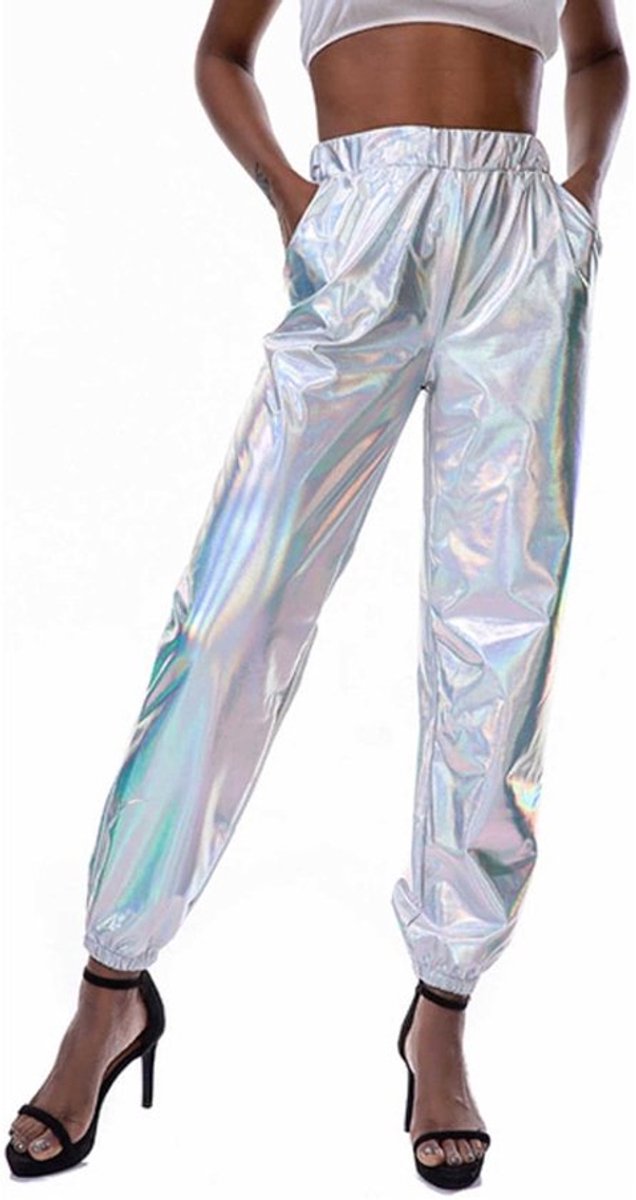 Zilver Glanzende Dames Broek - Trendy - Glitter - HipHop - Hoge Taille - Party