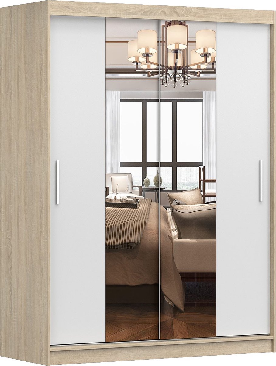 Schuifdeurkast LARA 01 – 2-deurs kledingkast met spiegel, legplanken en kledingroede – modern design – 150x200x61 cm - LARA 01 (Sonoma + Wit)