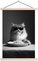 Posterhanger incl. Poster 60x90 cm - Schoolplaat - Langharige kat - Zonnebril - Spaghetti - Humor - Zwart - wit - Textielposter - Blanke latten