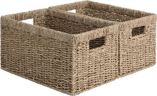 HMF Opbergmand geschikt voor KALLAX half vak, mand gevlochten van waterhyacint voor badkamer, keuken en woonruimte | Set van 2 | 38 x 15 x 14 cm | Natuur