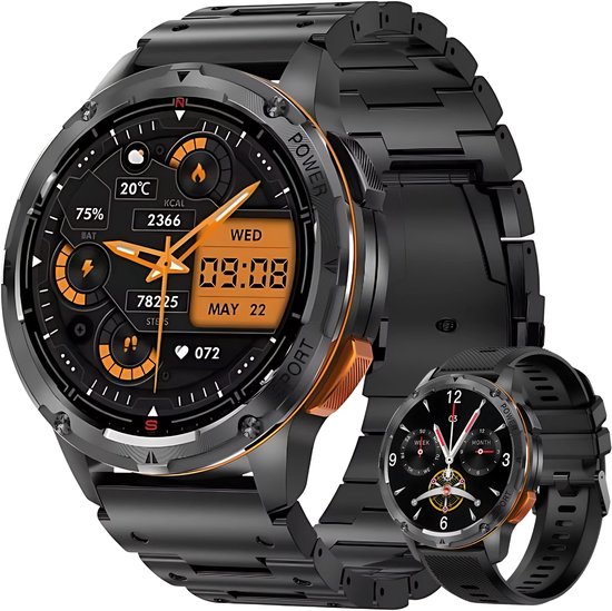 Smartwatch Royal Empire AK59 – AMOLED Scherm-Heren- met Telefoonfunctie- Fitnesstracker- Bloeddrukmeting- Slaapmonitor- Calorie Stappenteller- Stopwatch Smart Activity-RVS Armband- met Extra silicone bandje – Geschikt voor alle Smartphones – Zwart