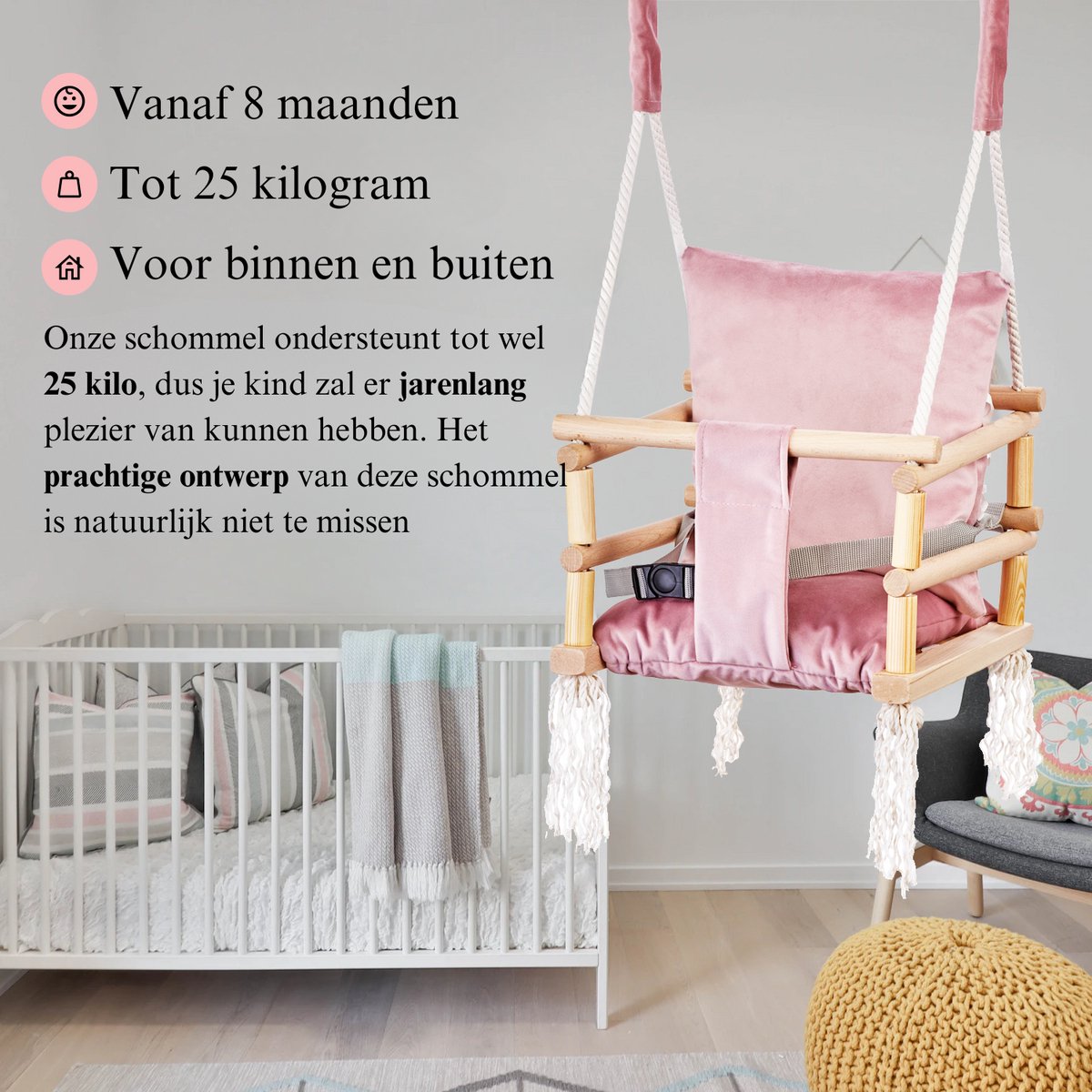 Luxe houten 3 in 1 roze meegroei baby schommel en Kinder schommel – Baby swing – Schommel die meegroeit met je kindje - Schommelstoel - Schommels - handgemaakt — afbeelding 5