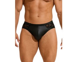 Sexy heren slips van PU leer en kant - maat XL/XXL - BDSM - black sexy PU leather lace men underwear - heren latex ondergoed erotiek mannen