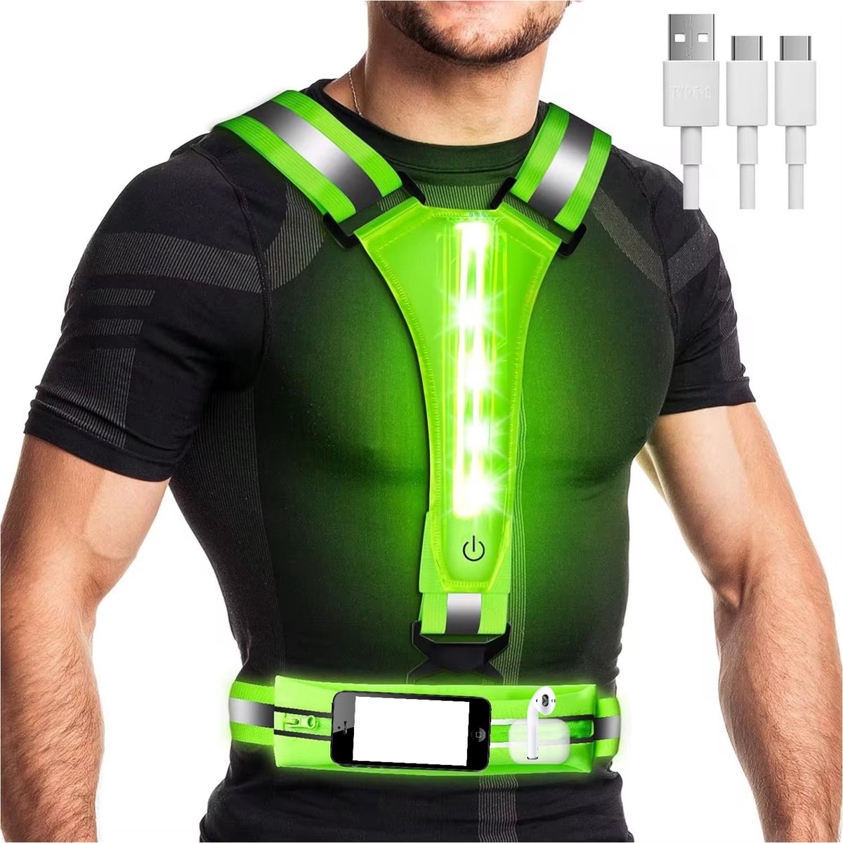 Hardloopvest met verlichting - Inclusief kabel - Hardloopvest - Hardloopvest oplaadbaar - Hardloopvest met telefoonhouder -
