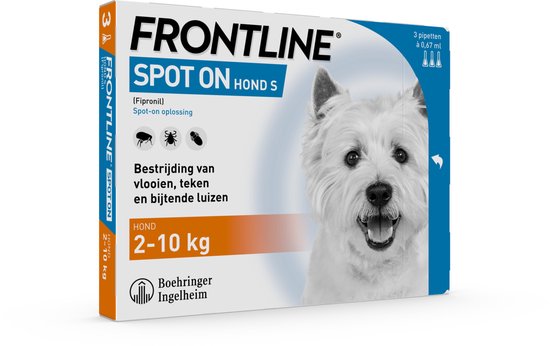 Doosje Frontline Spot On Hond S voor honden van 2-10 kg, met een witte West Highland White Terrier.