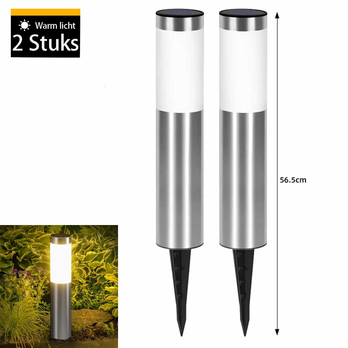Meedeer Solar Tuinlamp-Tuinverlichting op zonne energie-Padverlichting-2Stuks Solar Tuinverlichting-Warm licht-Zonne verlichting voor buiten-buitenlamp-landschap stok lamp buiten-Gazon lamp Cilindrisch steek lichten zaklamp straatlantaarn(Zilver)