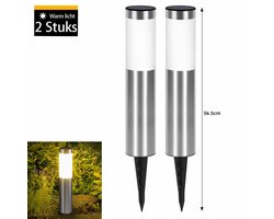 Meedeer Solar Tuinlamp-Tuinverlichting op zonne energie-Padverlichting-2Stuks Solar Tuinverlichting-Warm licht-Zonne verlichting voor buiten-buitenlamp-landschap stok lamp buiten-Gazon lamp Cilindrisch steek lichten zaklamp straatlantaarn(Zilver)