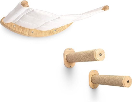 AZANO Kattenhangmat - Voor katten aan de muur - Natuurlijk hout - 3 stukken
