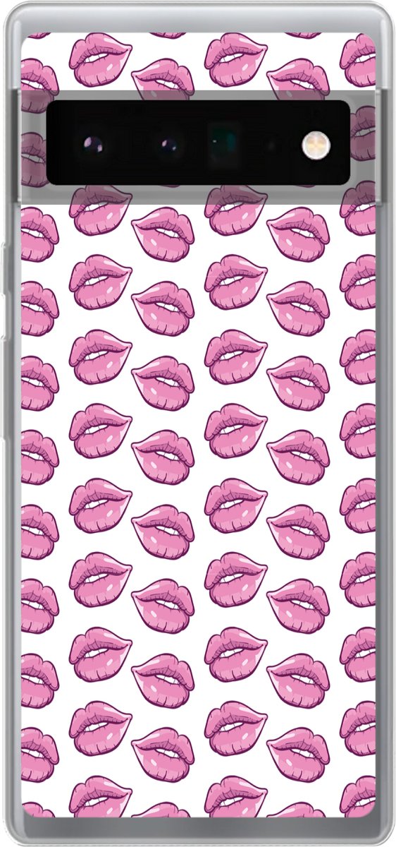 Telefoonhoesje Geschikt voor Google Pixel 6 Pro hoesje - Lippen - Patroon - Roze - Wit - Siliconen Telefoonhoesje Telefoonhoesje
