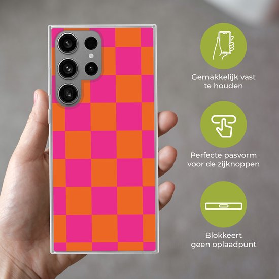 Telefoonhoesje Geschikt voor Samsung Galaxy S23 Ultra hoesje - Schaakbord print - Oranje - Roze - Blokjes - Siliconen Telefoonhoesje Telefoonhoesje