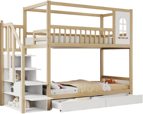 Stapelbed Voor Kinderen 90 X 200 Cm - Met Opbergtrap - Met 2 Lades Met Veiligheidshekken Wit Matras Niet Inbegrepen Stapelbed Voor Kinderen 90 X 200 Cm - Met Opbergtrap - Met 2 Lades Met Veiligheidshekken Wit Matras Niet Inbegrepen