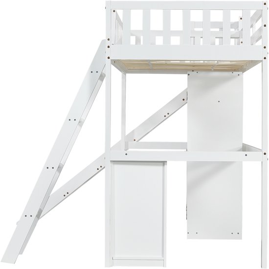 Lit mezzanine Sweiko - 90x200 cm - avec table + armoire + toboggan - Pin + MDF - Wit