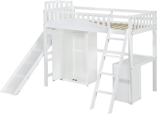 Lit mezzanine Sweiko - 90x200 cm - avec table + armoire + toboggan - Pin + MDF - Wit