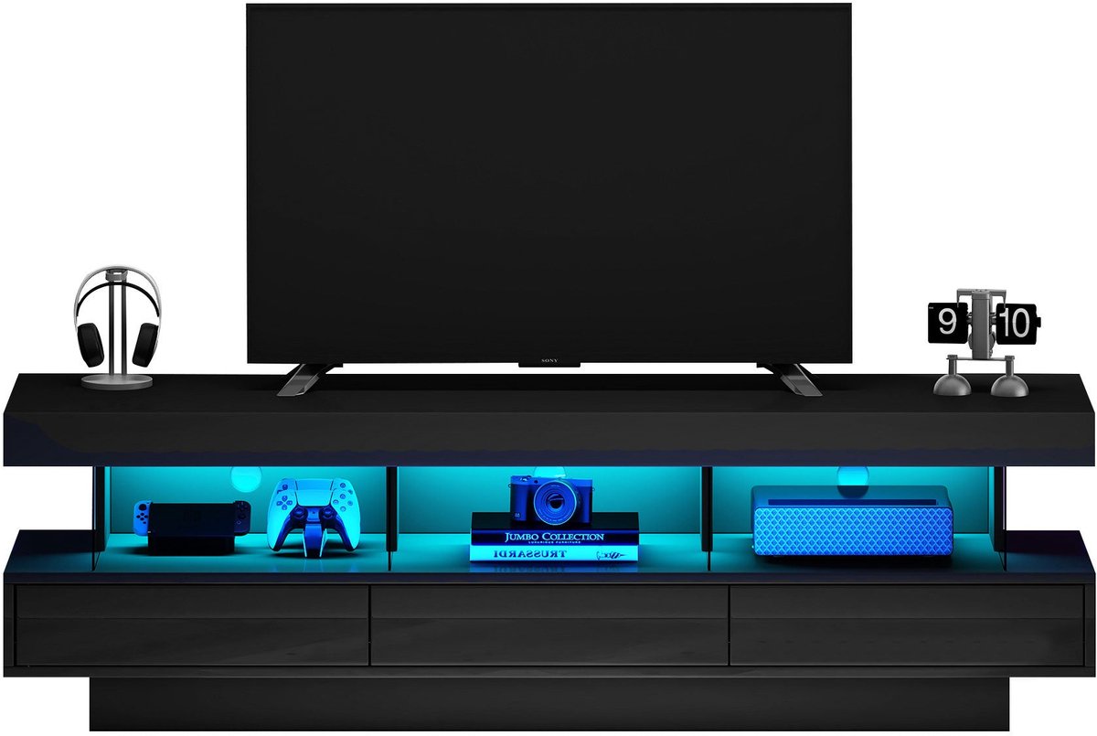 Merax Modern TV-Meubel - 70 Inch TV Kast met LED-Verlichting - Bluetooth en App-bediening - Zwart Hoogglans