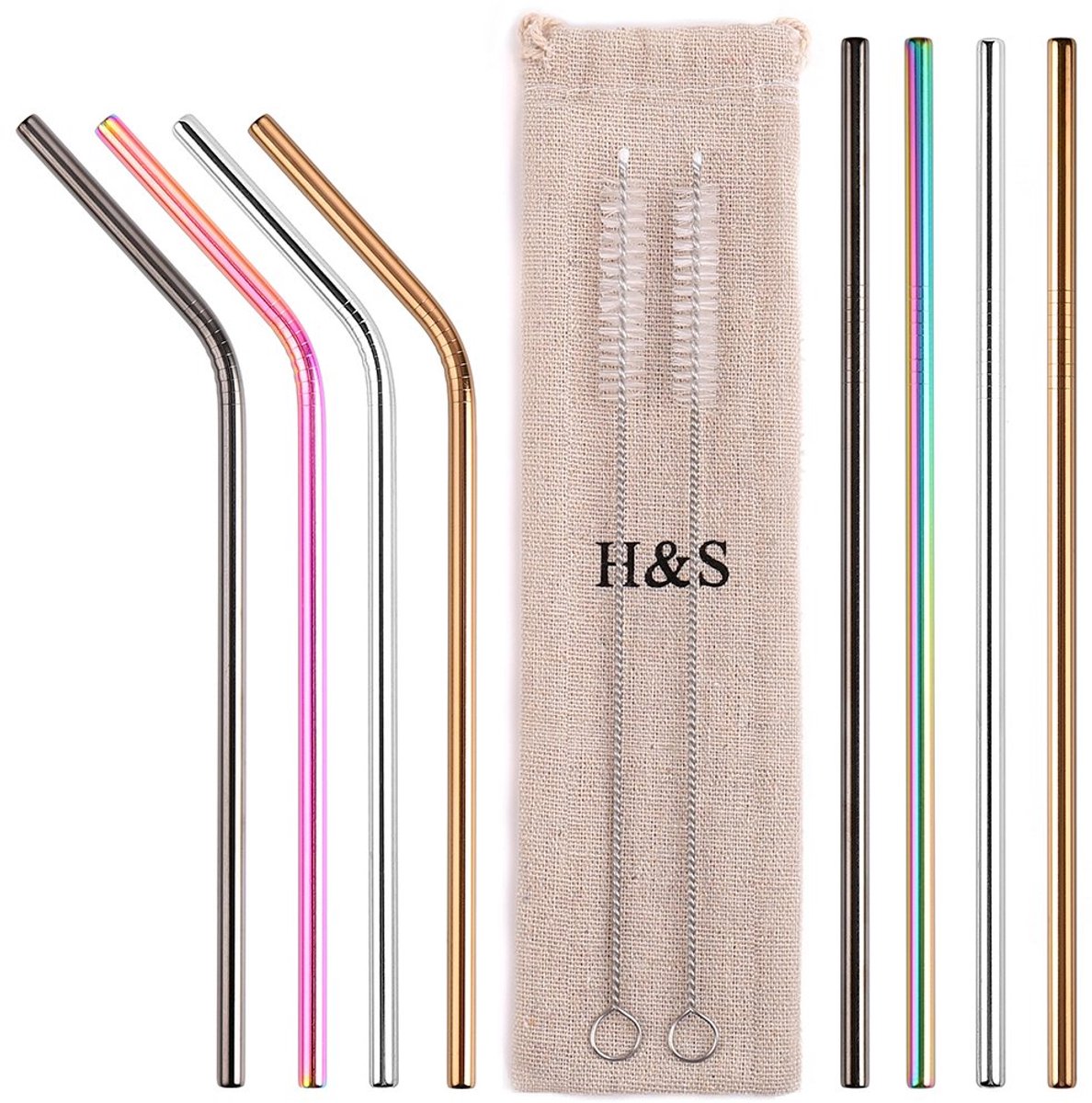Goedkoopste H&S 8 metalen rietjes, herbruikbare gekleurde roestvrijstalen rietjes, 2 reinigingsborstelreiniger voor smoothie warme dranken met zak regenboog