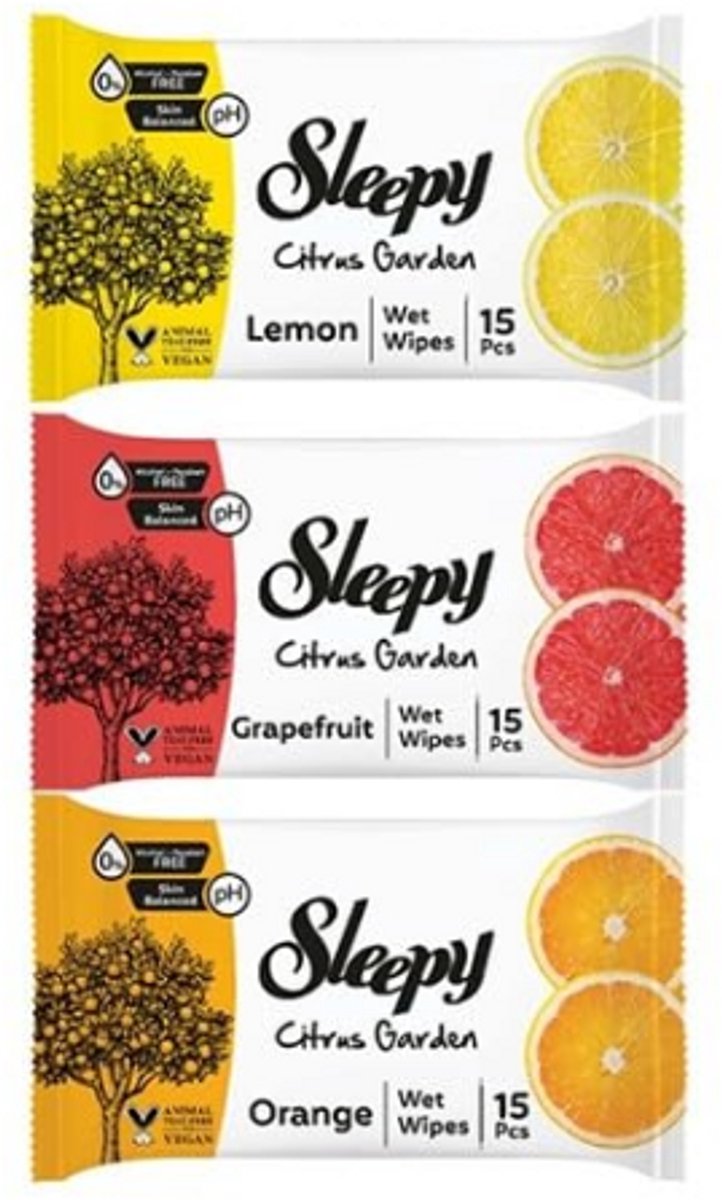 Sleepy Citrus Garden Vochtige Doekjes - Wet Wipes - Reinigingsdoekjes | 3 x 15 stuks - Citroen, Grapefruit & Sinaasappel | Hydraterende Reiniging