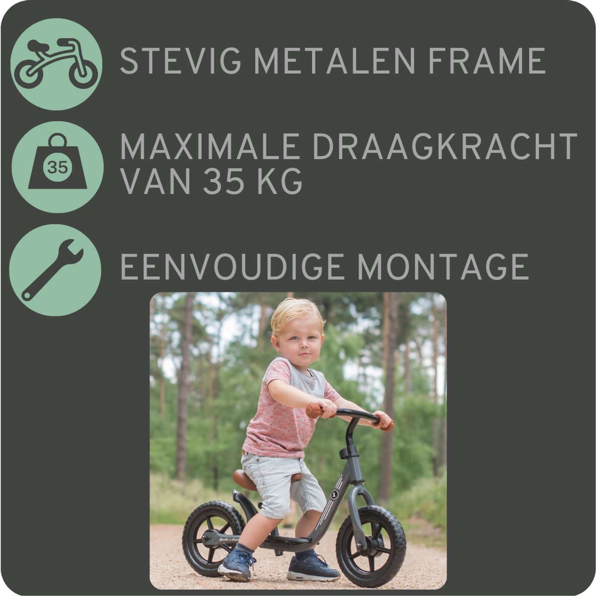 Bandits & Angels Metalen Loopfiets Met Mandje Starter Grijs met Voetenplank vanaf 2 Jaar - Limited Edition - Grijze Loop Fiets - Verstelbaar Zadel 29 tot 39 cm - Voor Jongens en Meisjes - Compact en Veilig - Lage Instap met Voetenplank — afbeelding 3